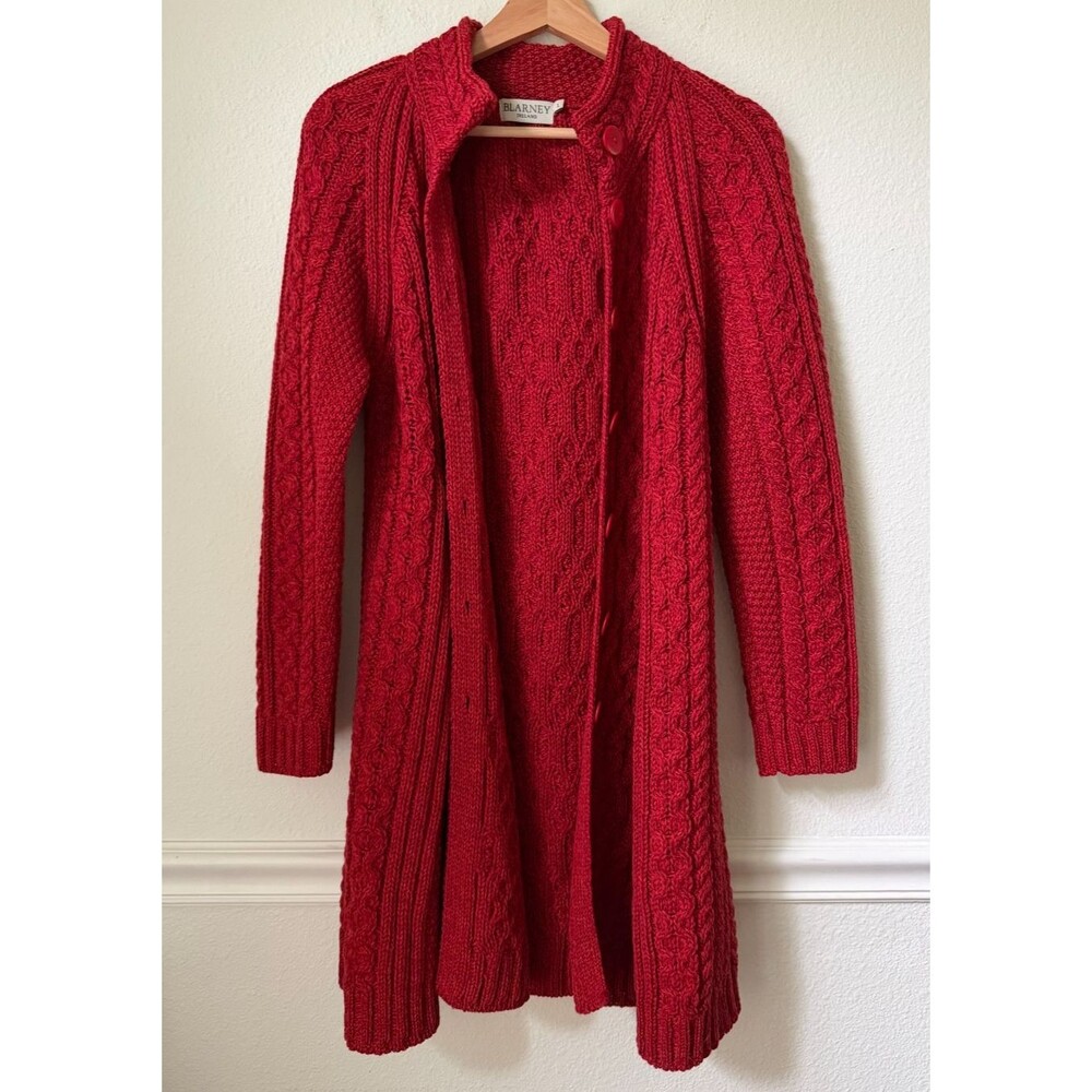 Blarney Ireland 100% Merino Wool Long Cable Knit Sweater L Made in Ireland Red - Picture 4 of 11